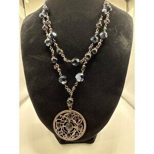 Antique Silver-Tone Filigree Pendant Necklace With Black Beads & Adjustable Lobs